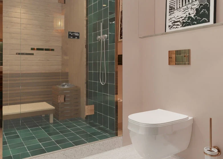 Bathroom with green and peach