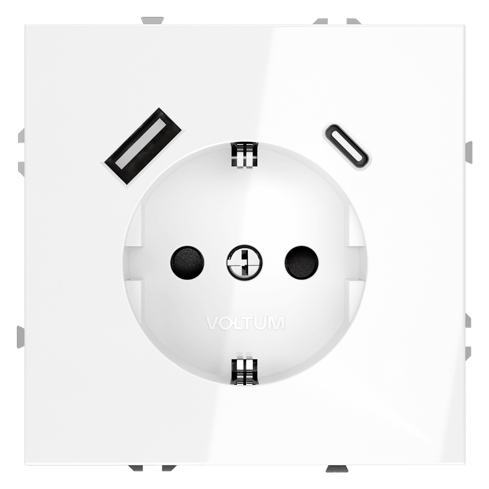 Розетка встраиваемая VOLTUM S70 с заземлением и защитными шторками, 16А, с USB, A+С, (белый глянцевый) VLS040501