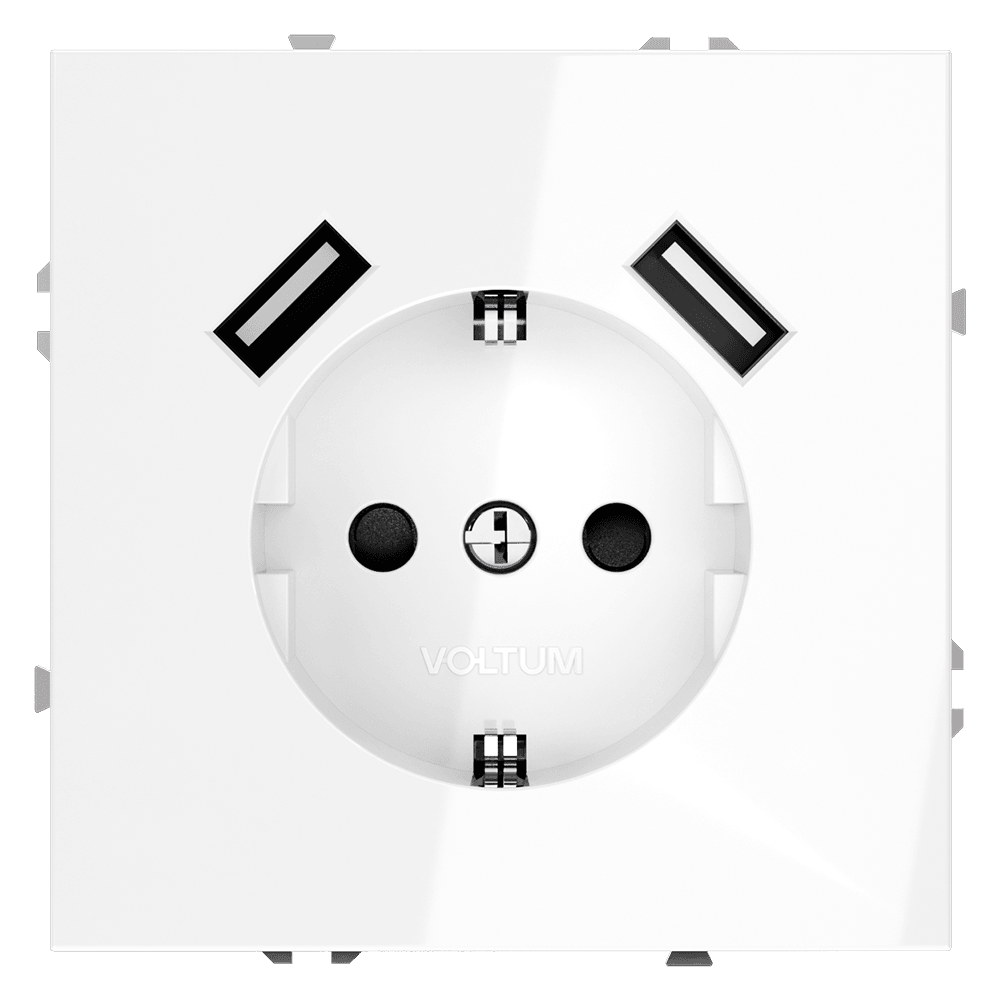 Розетка встраиваемая VOLTUM S70 с заземлением и защитными шторками, 16А, с USB, A+A, (белый глянцевый) VLS040401