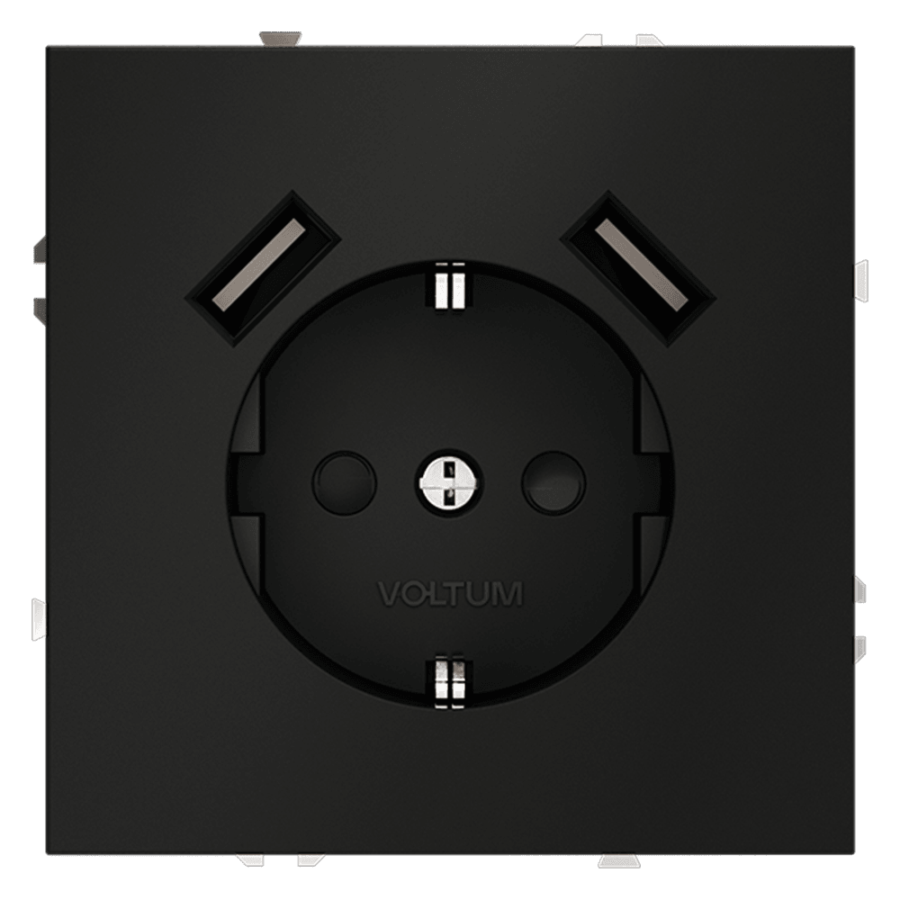 Розетка встраиваемая VOLTUM S70 с заземлением и защитными шторками, 16А, с USB, A+A, (черный матовый VLS040408