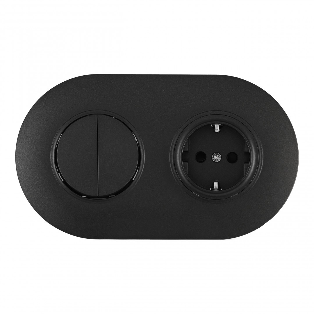 Выключатель круглый двухклавишный с розеткой с заземлением и шторками Arte Milano Set08-2 SET08-2-40-1-30-2 black