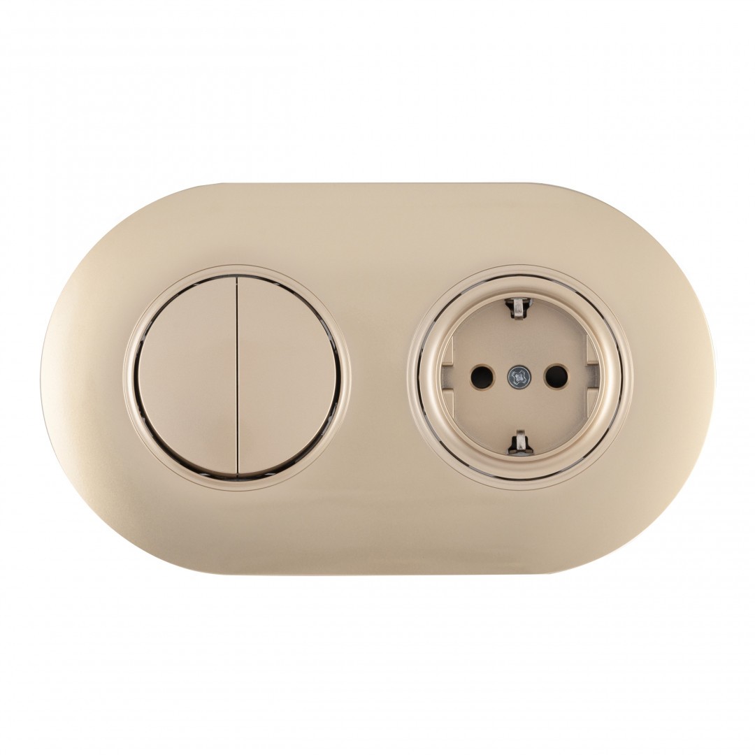 Выключатель круглый двухклавишный с розеткой с заземлением и шторками Arte Milano Set08-2 SET08-2-40-1-30-2 shampan