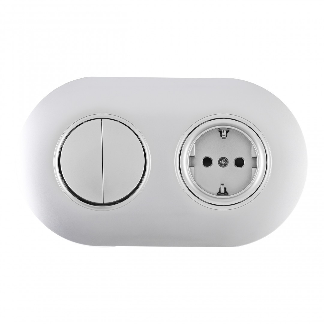 Выключатель круглый двухклавишный с розеткой с заземлением и шторками Arte Milano Set08-2 SET08-2-40-1-30-2 silver