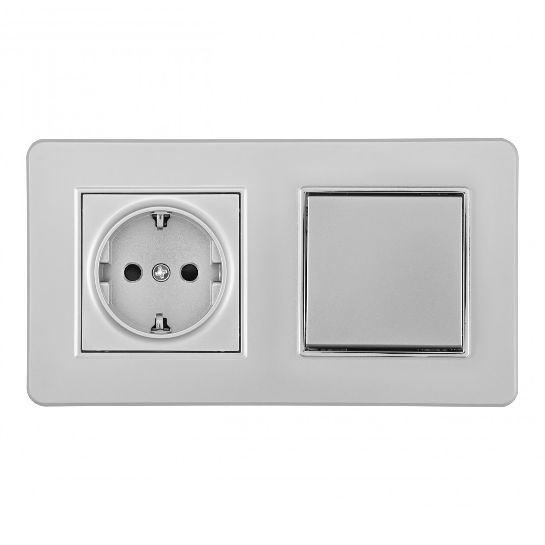 Выключатель одноклавишный с розеткой с заземлением и шторками Arte Milano Set16-2 SET16-2-40-1-30-1 silver