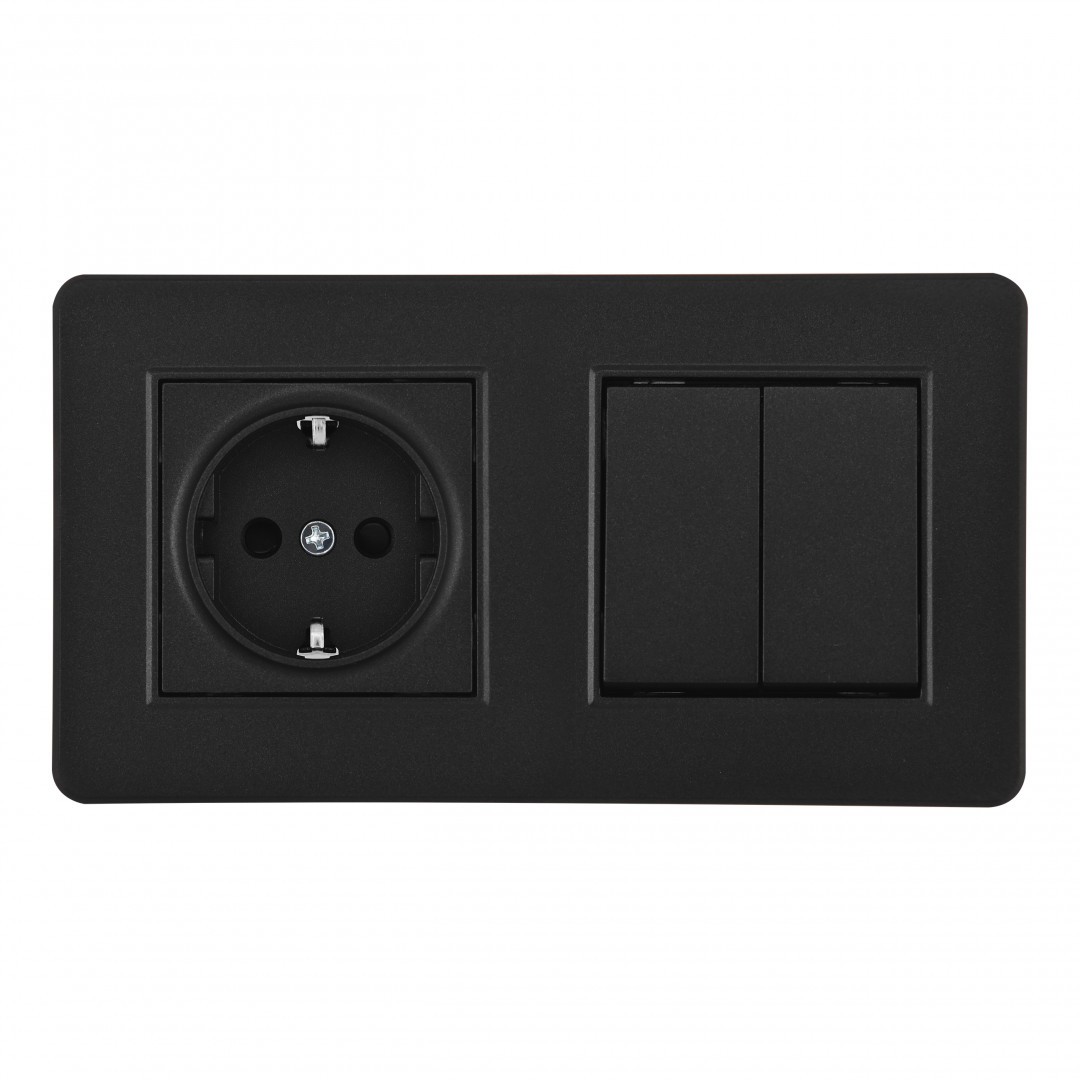 Выключатель двухклавишный с розеткой с заземлением и шторками Arte Milano Set16-2 SET16-2-40-1-30-2 black
